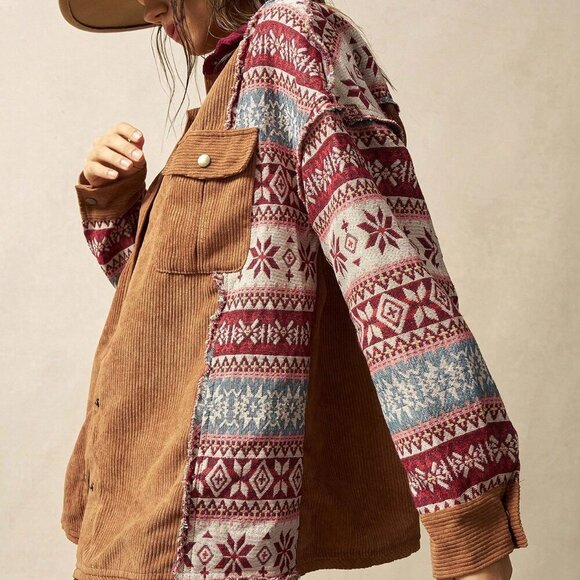 Multicolor Casual Women's Patchwork Corduroy Music Festival Blouse - Picture 5 of 8